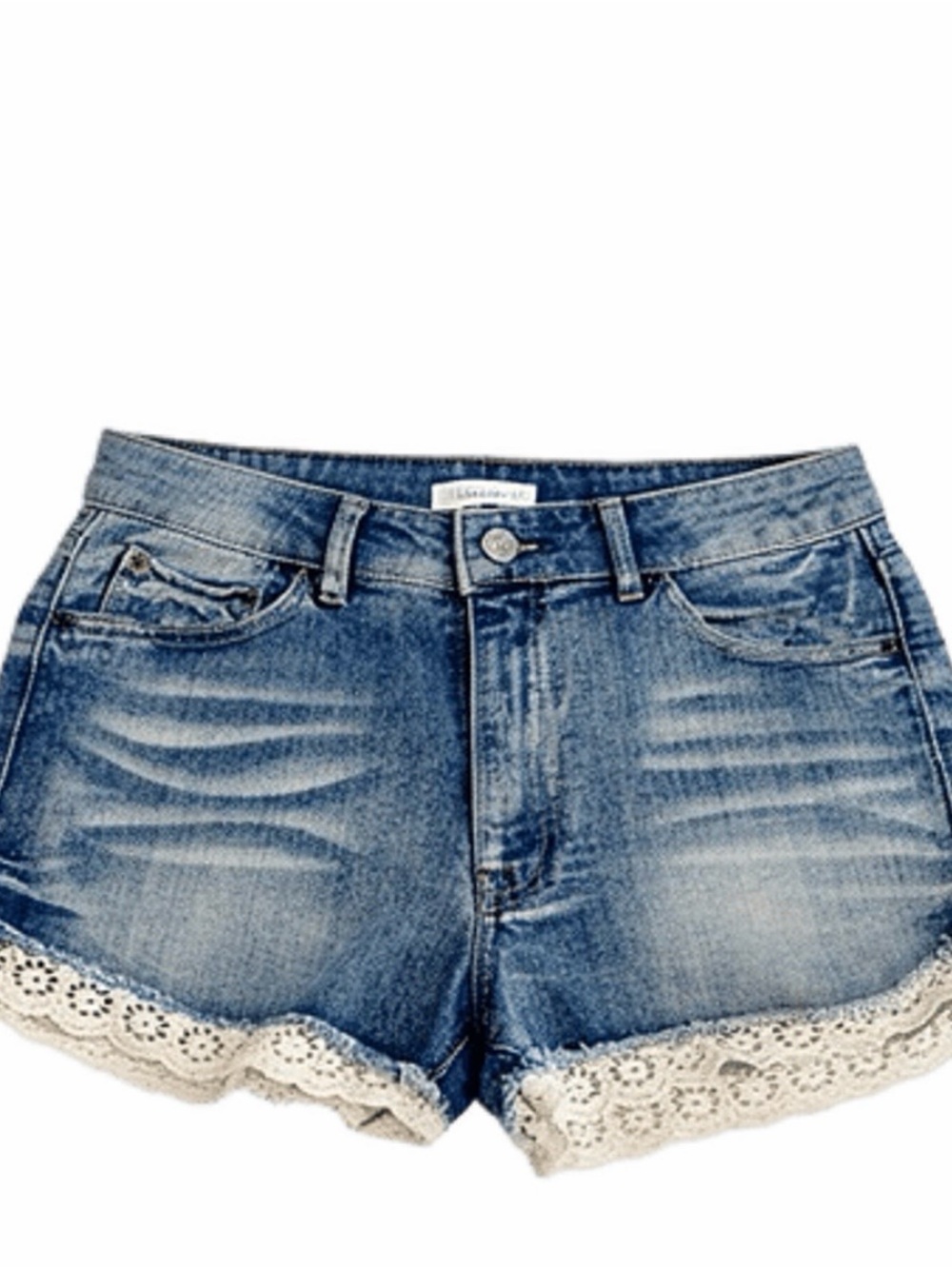 MOSSIMO SUPPLY CO. Distressed Blue Denim Shorts with Cream Lace Trim